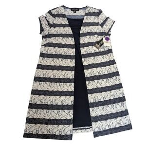 Perceptions New York Navy White Polka Dot Lace Stripe Dress Tunic Top L